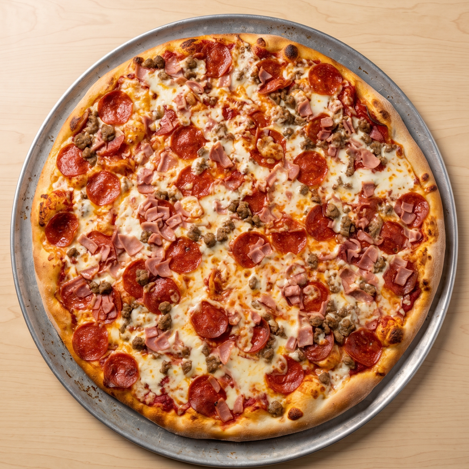 A large, round pizza with pepperoni, ham, and sausage on a metal pan, on a light wooden table.