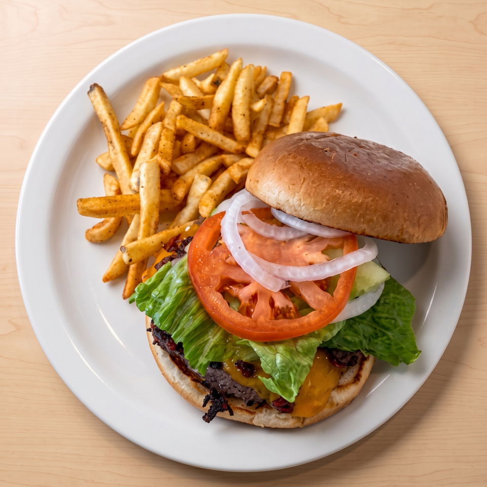 A cheeseburger with lettuce, tomato, and onion, served with a side of french fries.