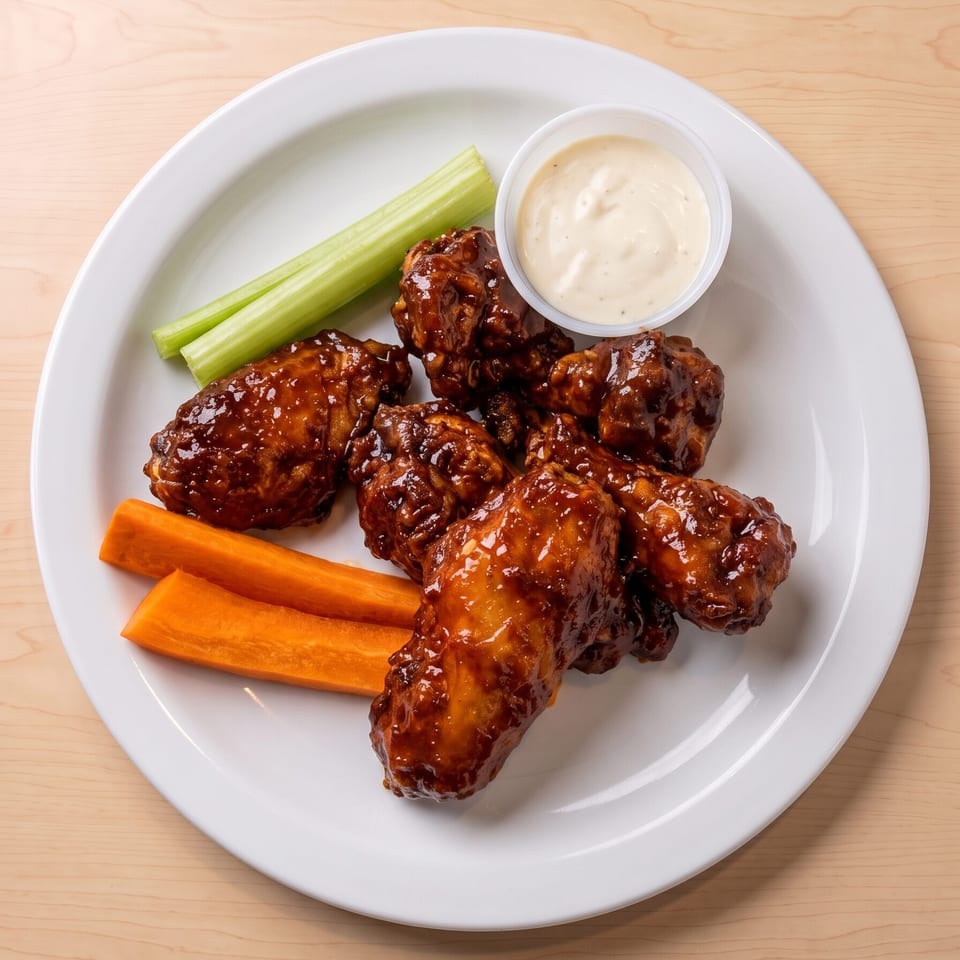 Glazed chicken wings with celery sticks, carrot sticks, and a side of ranch dressing on a white plate.