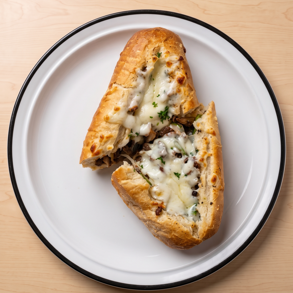Cheesesteak sandwich cut in half, filled with melted cheese, meat, and onions on a white plate.