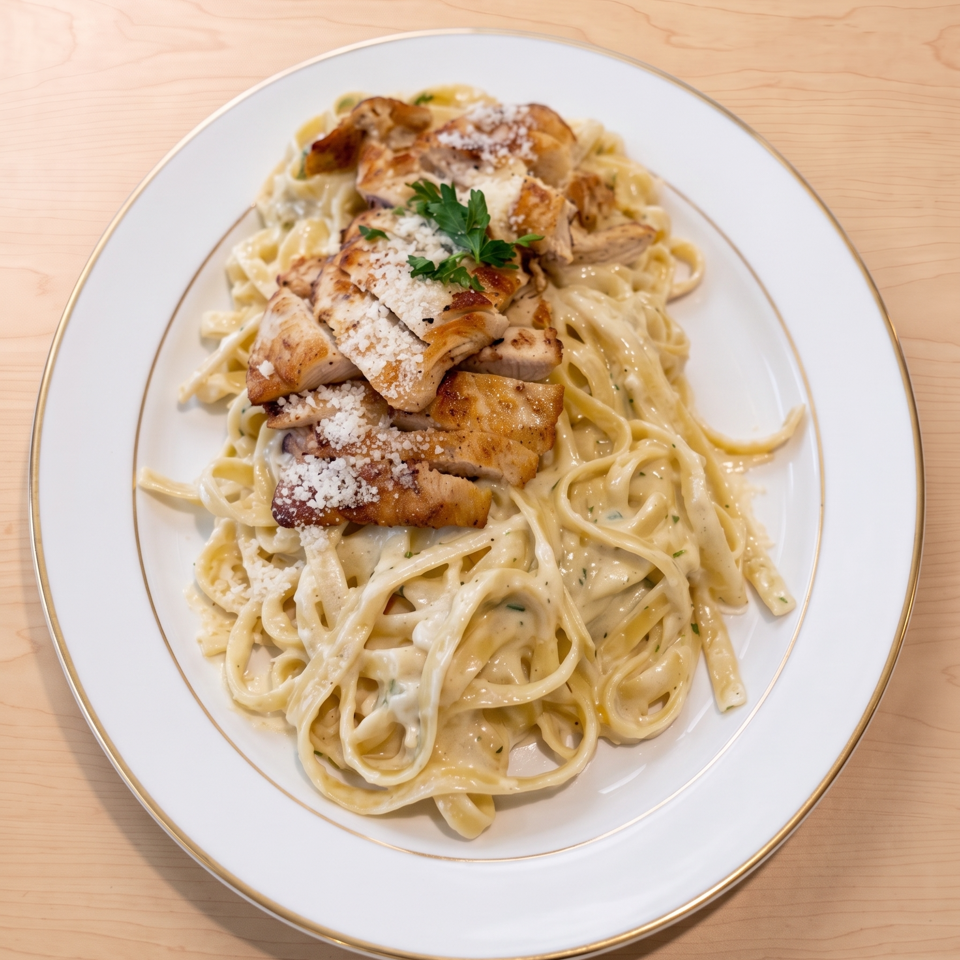 Creamy fettuccine alfredo topped with grilled chicken, parmesan cheese, and fresh parsley.