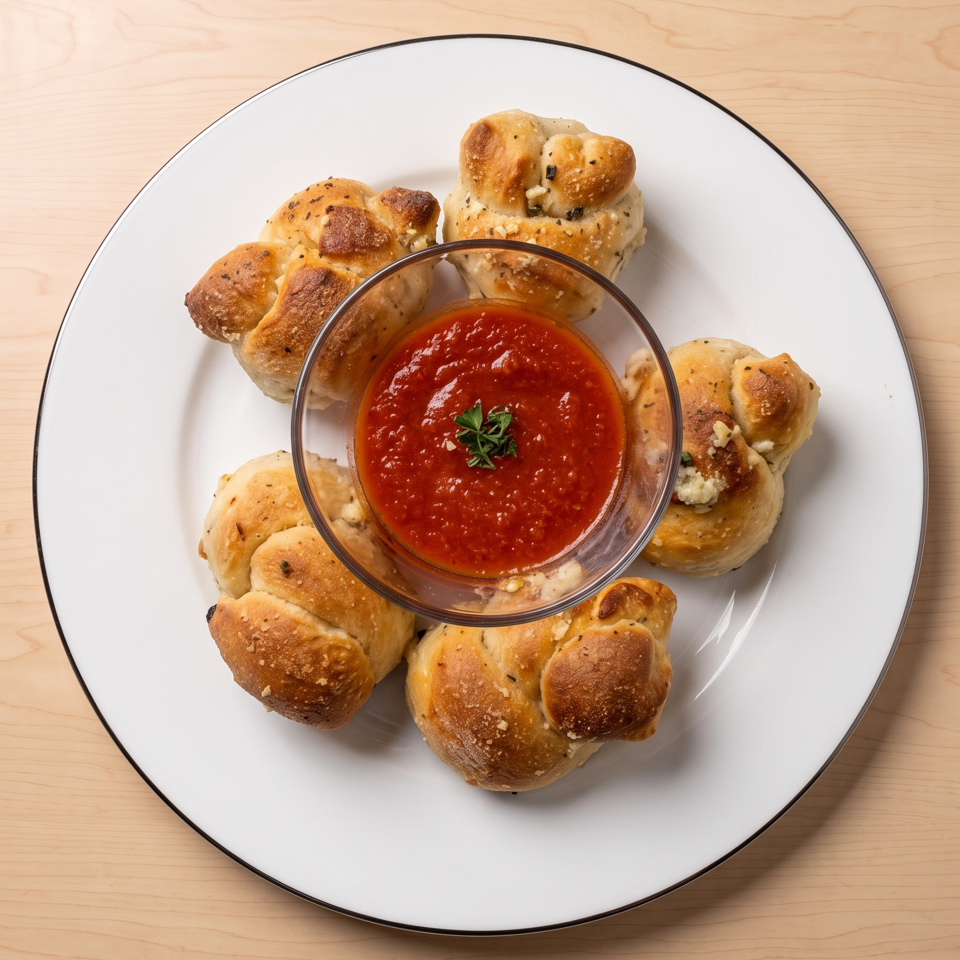 Five golden-brown garlic knots with herbs and cheese surround a glass bowl of marinara sauce on a white plate.
